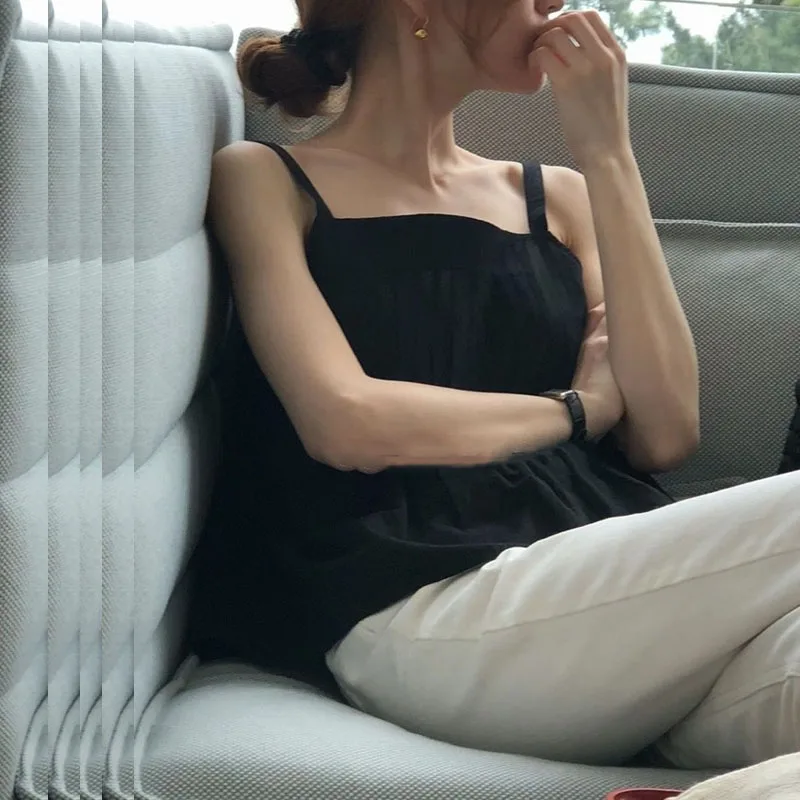 Summer New Women's Svel Square Collar Loose Design Sense Doll irt Top Strap Vest Folded Design Pure Color ort Length