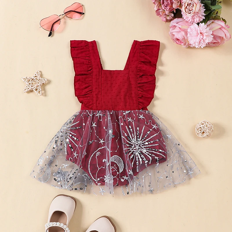 Listenwind 0-1Y Baby Girls Romper Dress Sleeveless Square Neck Stars Sequins Tulle Patchwork Bodysuit Summer Casual Clothes