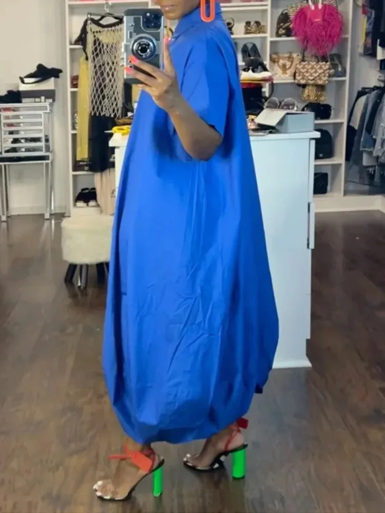 

Minimalist Solid Color Cotton Cuffed Balloon Leg Lapel Jumpsuits Women Short Sleeve Buttoned Oversized Casual Streetwear Outfits
