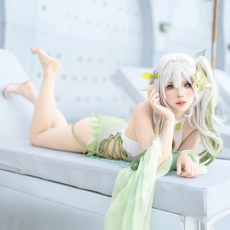 Genshin Impact Nahida costume da bagno donna Halter Side Lace-up Girl body costume da bagno con maniche Beach Party Swimwear