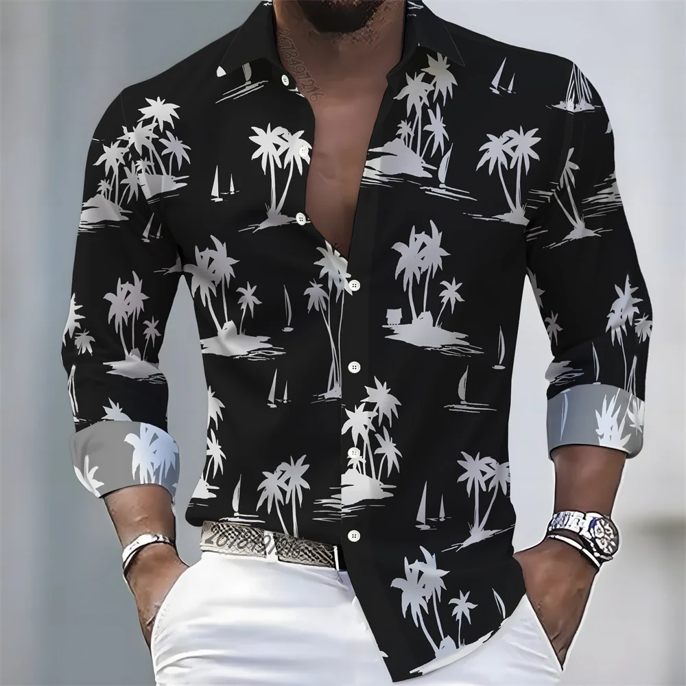 2026 New Men's Coconut Tree Print Long-Sleeve Shirt, 21 Colors, Hawaiian Casual Vacation Style, Comfortable Men's Lapel Cardigan