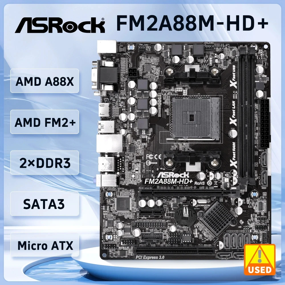Placa base ASRock FM2A88M-HD+ Socket FM2 FM2+ AMD A88X 2×DDR3 PCI-E 3.0 USB3.0 Micro ATX compatible con procesador A8AD7600 Athlon X4 AD850X