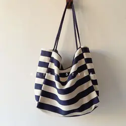 JIAERDI Blue Striped Canvas Tote Bag Women Harajuku Aesthetic Large Capacity Casual Shoulder Bags Female Retro Shopping Bag New