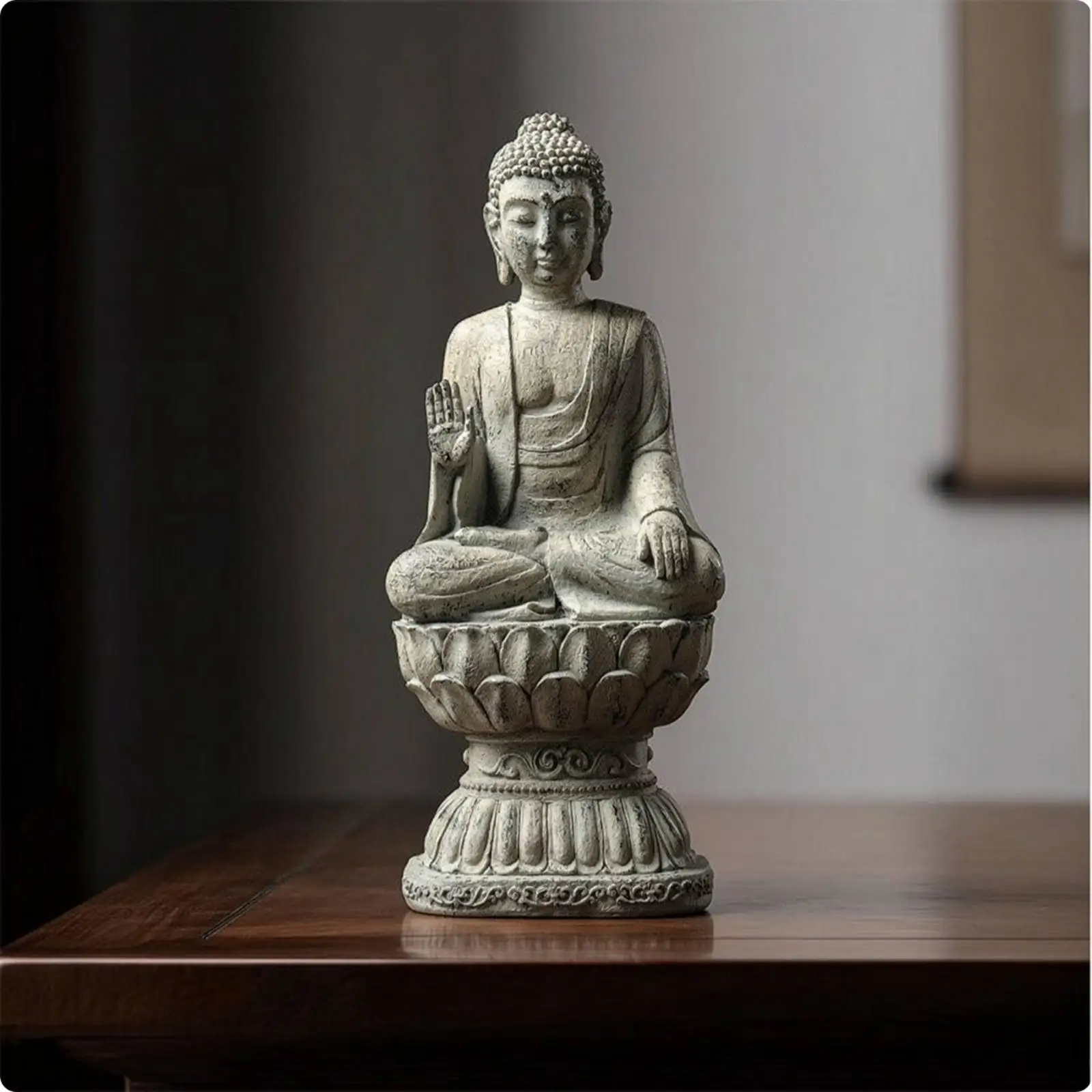 Resin Buddha Figurine Sculpture for Shelf Desk Calm Decor Weathered Stone Finish Piece view 4