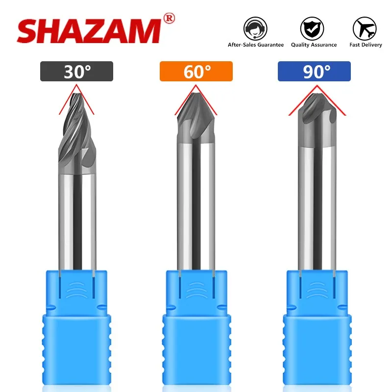 SHAZAM 30/60/90 Degree Spiral Chamfer Milling Cutter CNC Machining Tools 4-Flute Inner Hole Straight Shank Chamfering Cutters