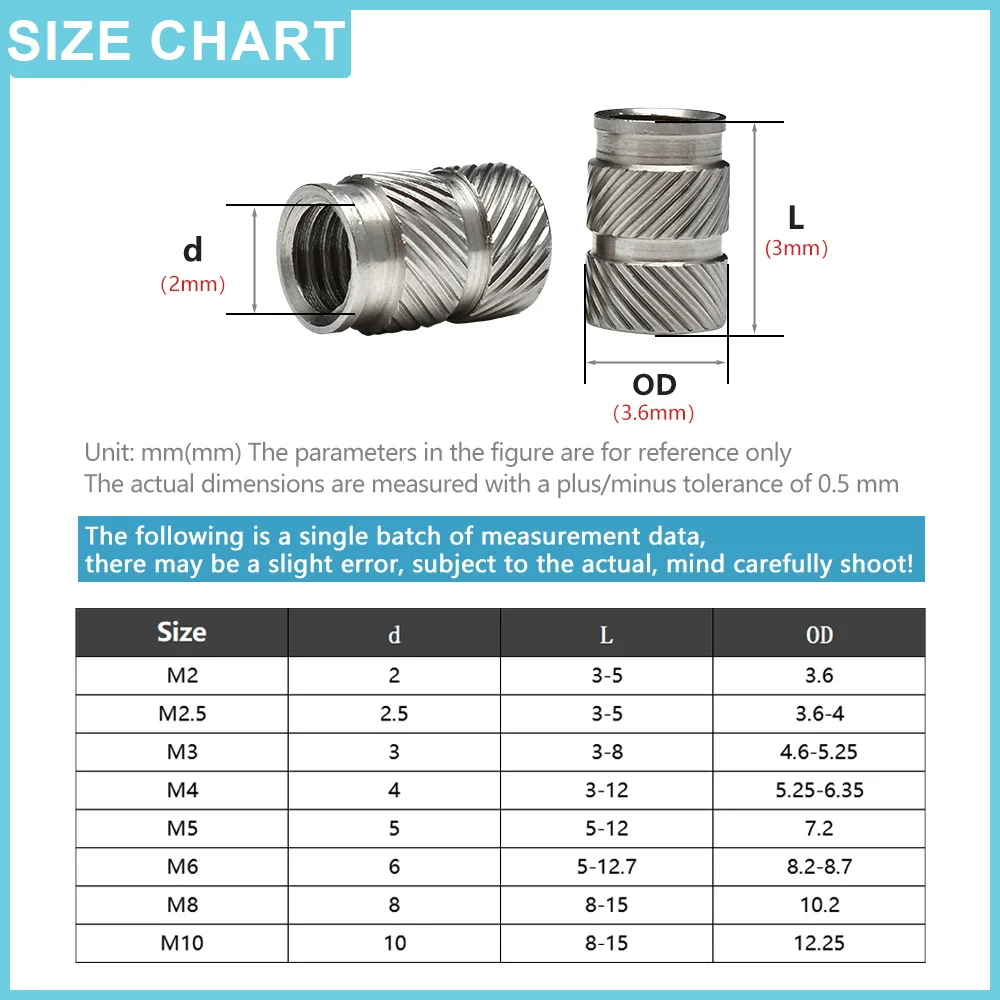 5-50pcs 304 Stainless Steel Heat Insert Nut M2.5 M3 M4 M5 M6 M8 M10 Hot Melt Injection Molding Threaded Insert Nut 3d Printer