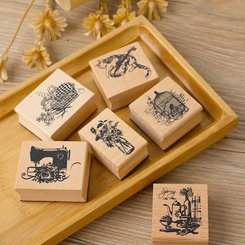 ヴィンテージ猫鳥かごデザイン木製シールスタンプティーセット花瓶バスケットジャーナリング装飾スクラップブッキングクラフト用品