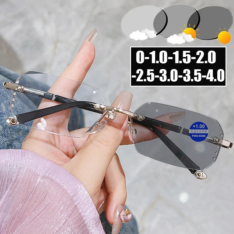 

New Trendy Outdoor Color Changing Sunglasses for Minus Glasses Luxury Diamond Cutting Photochromic Myopia Eyeglasses 0-1.0-1.5