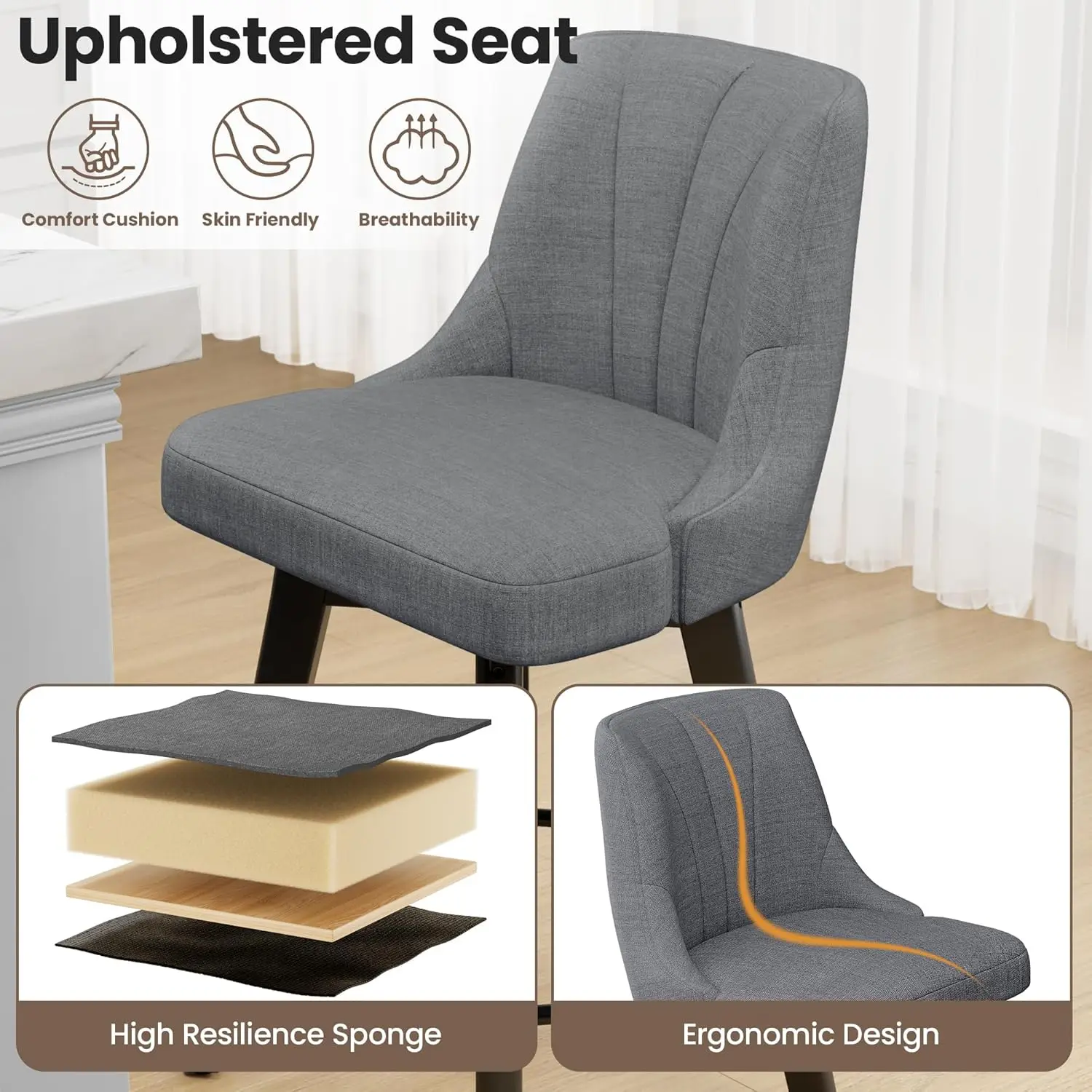 مقعد مرتفع دوار بارتفاع عداد، مجموعة مقاعد للبار من القماش المنجد مقاس 24 بوصة مكونة من 3 قطع، كرسي مقعد مضاد مع ظهر وأرجل من الخشب الصلب