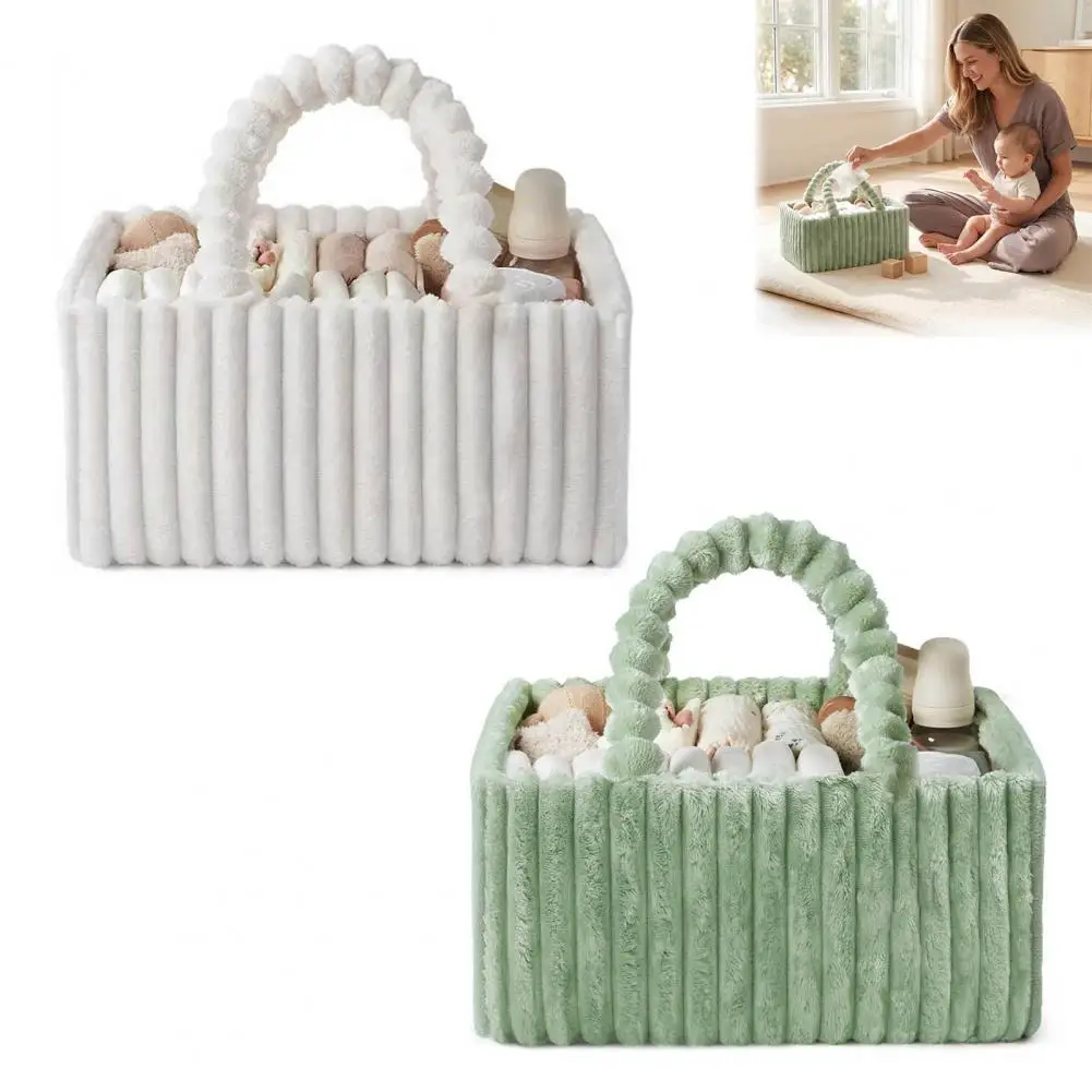 Plush Baby Diaper Caddy, Quilted Baby Gear Organizer, Lightweight Mommy Bag, Fuzzy Travel Diaper Tote for Newborn Essentials