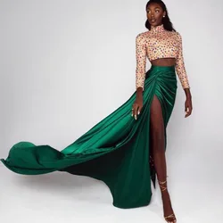 Trendy Green Women Skirt Long Train Side Slit Soft Silk Satin Prom Skirt Customized High Waist A Line Female Evening Party Skirt