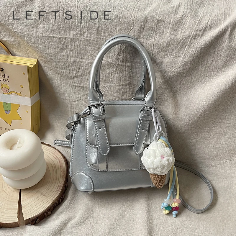 

LEFTSIDE Women's Silver Leather Mini Tote Bag Detail Sweet Cute Aesthetic Daily Dating Party Shoulder Crossbody Bag 2026 Handbag