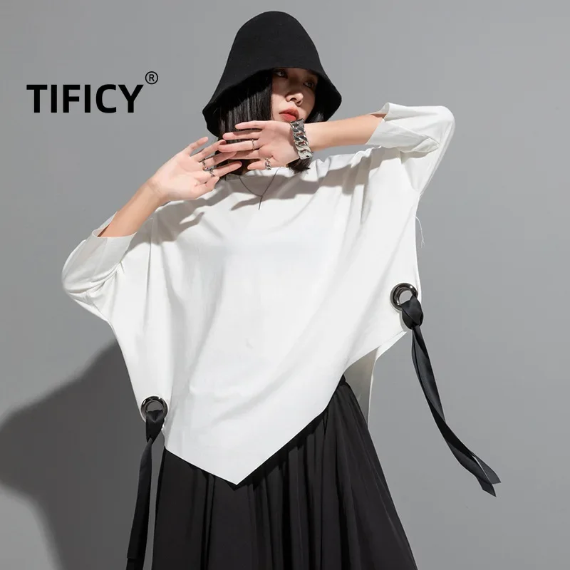 

TIFICY Summer New Big Corns Short Sleeved T-shirt Bat Sleeve Woven Personality Dark Middle-aged Loose Casual T-shirts Tops