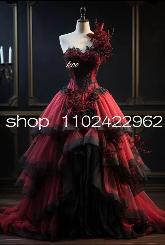 CustomizedGothic Victorian Wedding Dresse 3D Rose Floral Ruched Skirt Bustle Lace-up Corset Bridal Gown Outfit Plus Size Custom