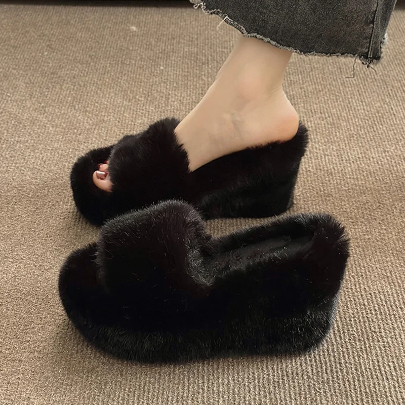 Autumn Winter Wedge Fluffy Slippers Woman 2023 New Home Fur Slippers for Women Chunky Platform Slides Cozy Fuzzy Indoor Shoes