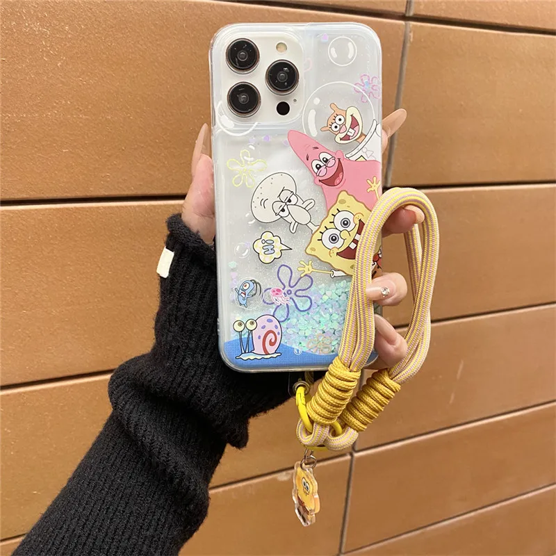 Funny SpongeBob liquid quicksand Phone Case for iPhone 16 15 14 13 12 11 Pro Max Patrick Star Squidward Quincy Tentacles Cover