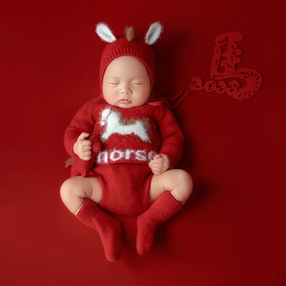 Pakaian Fotografi Bayi Baru Lahir Bertema Kuda, Set Romper Rajut Merah dengan Topi Bertelinga, Kostum Foto Studio Bertema Kuda