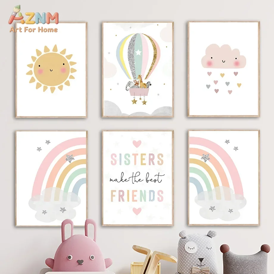AZNM Pastel Rainbow Sun Cloud Hot Air Balloon Canvas Wall Art Print, Cute Sisters Quote Animal Illustration Soft Kids Nursery Be