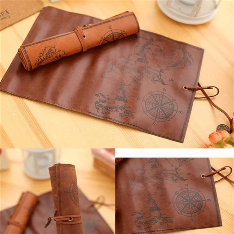 1PC Vintage Treasure Map Pencil Case Leather Roll-Up Pouch With Embossed Buckle Large Capacity School Office Organizer Gift ﻿