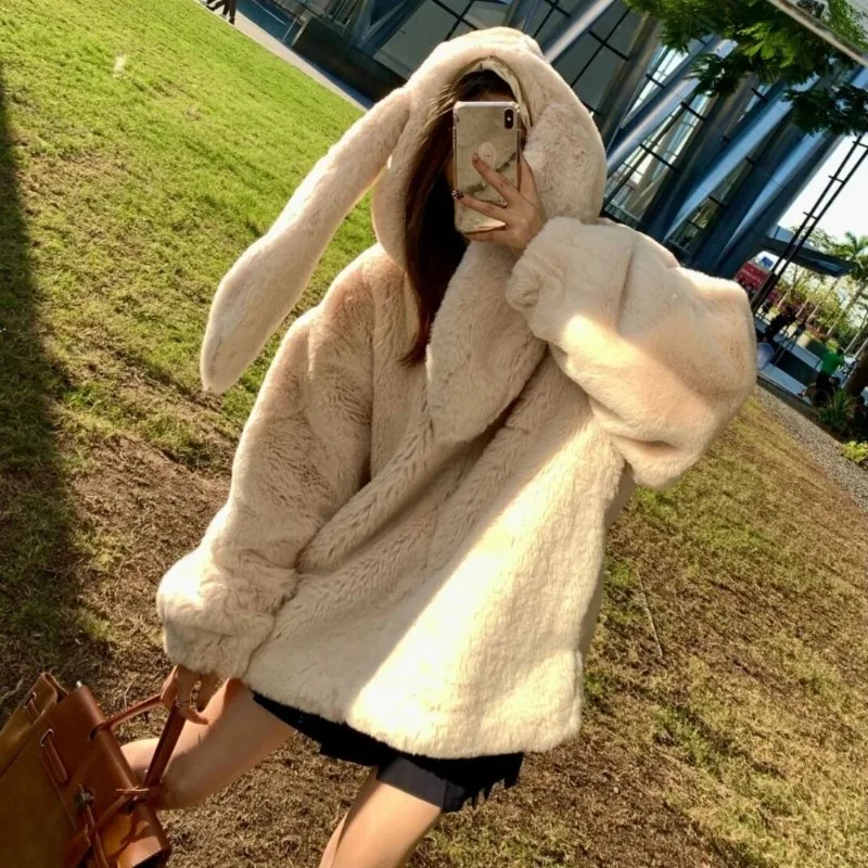 Women winter furry coat rabbit ears coat fall winter new faux rabbit fur faux fur thickened cotton coat warm comfortable