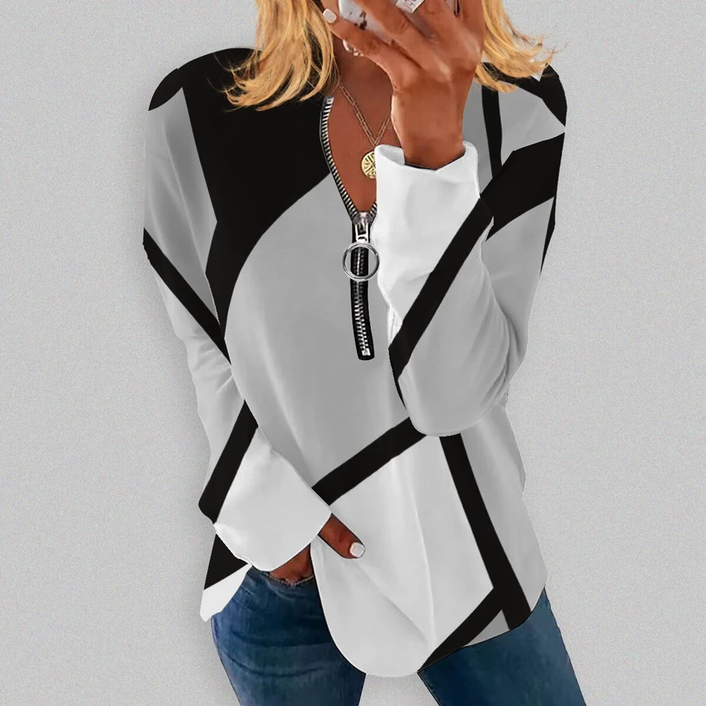 Women's Casual Geometric Print V-Neck Loose Long Sleeve T-Shirts Femme Autumn Zipper Tee Tops Office Lady High Street Clothing