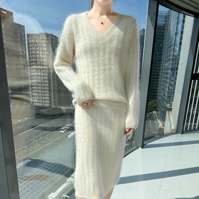 Women's 100%Pure Mink Cashmere Knitted Suit Skirt V-Neck Loose Twist Pullover Joker Twist Skirts Autumn New Thick A-Skirt Suit