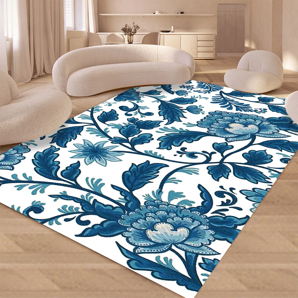 Blue Blue and White Porcelain Carpet Design Area Rug Washable Floor Mat for Home Living Room Kitchen Bedroom Anti-slip Carpets
