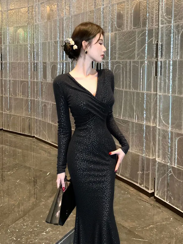 

Korean Sle Faionable Slim Fit V-Ne Long Dr High Waist Cotton Autumn Winter Women's Dr Busin Wedding Par Work