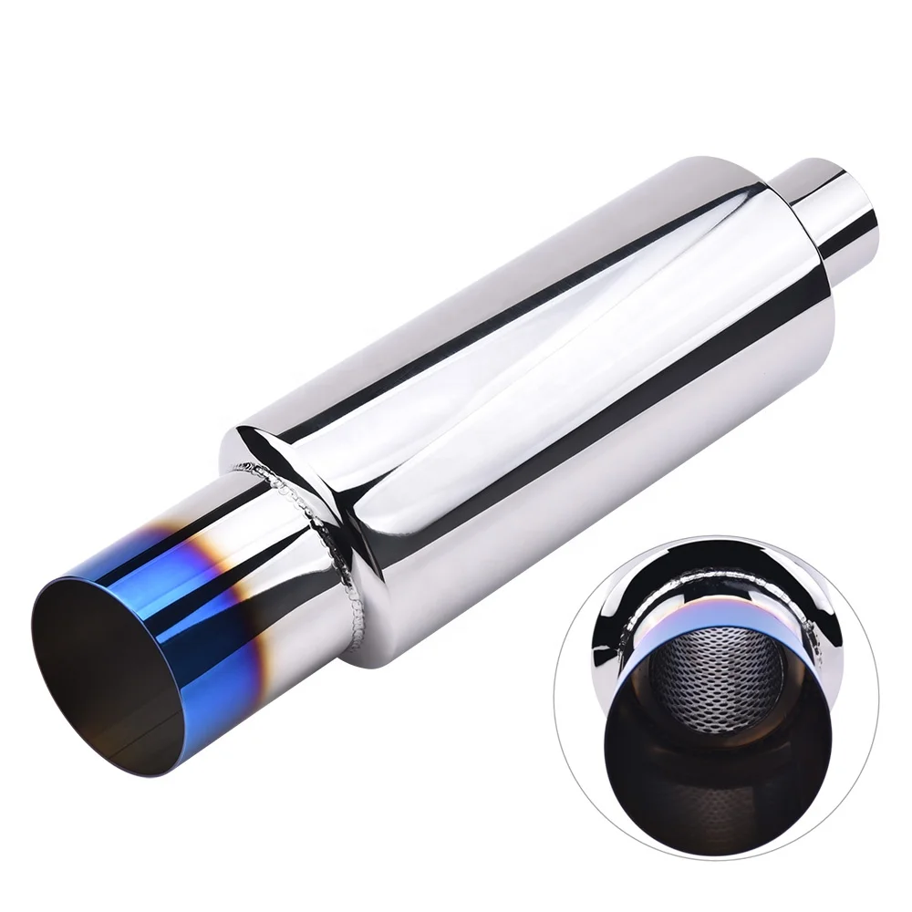 

Universal Polished Stainless Steel 2 inch Inlet 3 inch Outlet Burnt Tip Silencer Car Exhaust Muffler