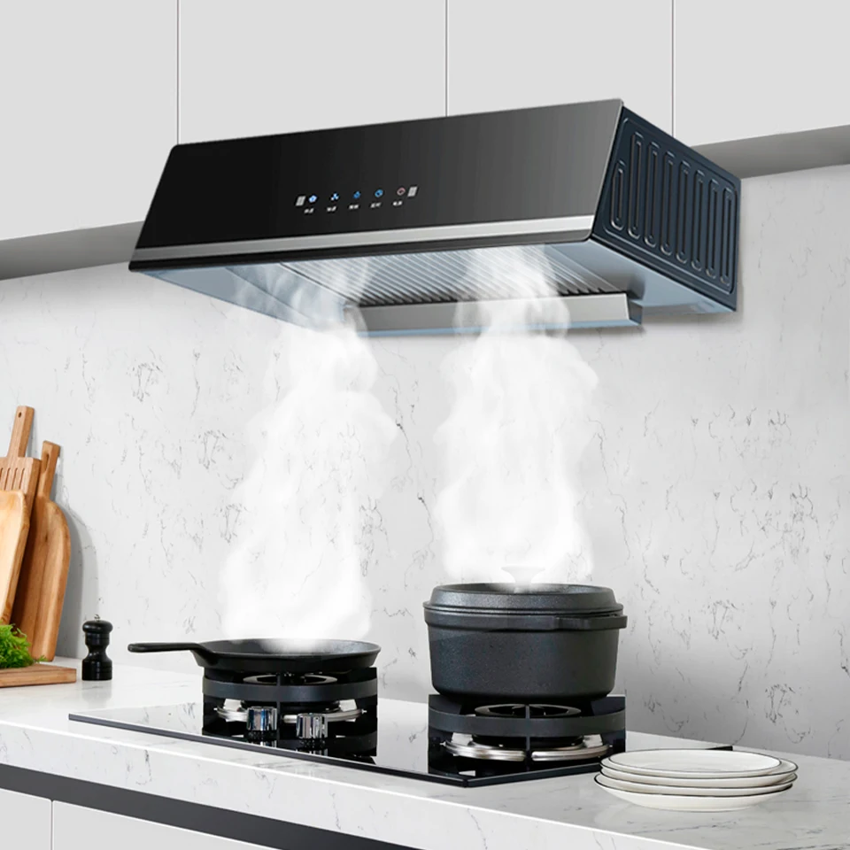 تسليم سريع جودة عالية متعددة نمط الصينية أعلى شفط شفاطات المطبخ المنزلية شفط كبير محرك مزدوج اغطية المطبخ