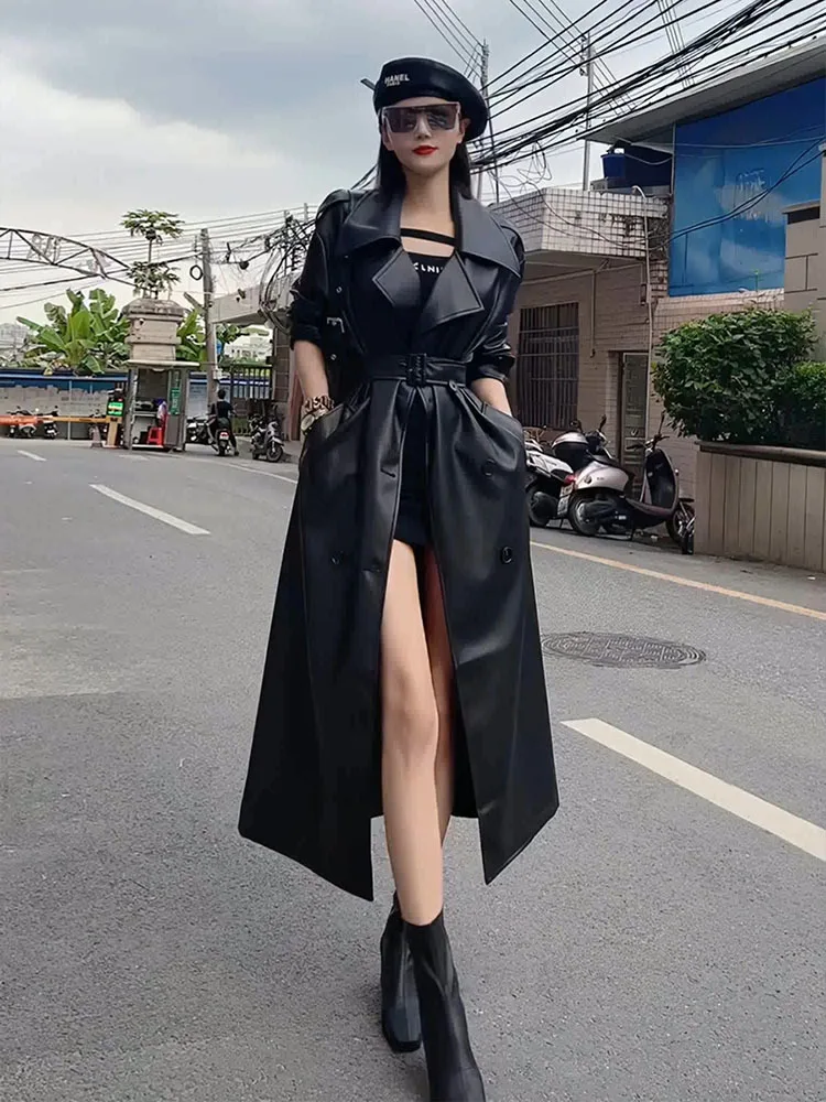 Spring Autumn Extra Long Oversized Cool Black Pu Leather Trench Coat for Women Belt Runway Fashion 2024