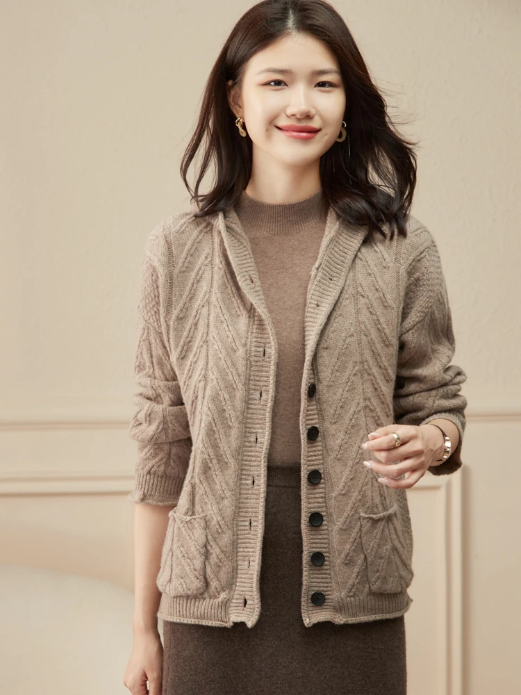 

Thick Autumn Winter Woman Sweater Elegant 100% Merino Wool Female Knitwear Luxury Hooded Cardigan Lady Long Sleeve Clothing Tops