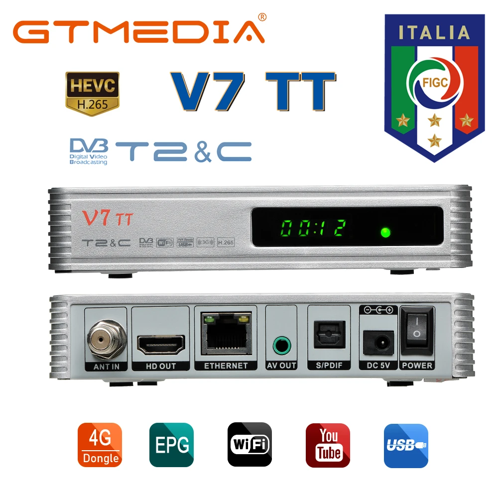 GTmedia V7 TT TV 리시버 1080P FHD DVB-T/T2/DVB-C/J.83B H.265 HEVC 10 비트 PVR USB 와이파이 지지대 스페인 폴란드 이탈리아 DTT 신호