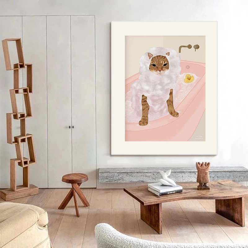 Funny Cats Poster Bath Cute Cat Illustration Canvas Painting Print Modern Wall Art Picture for Living Room Bathroom Home Decor