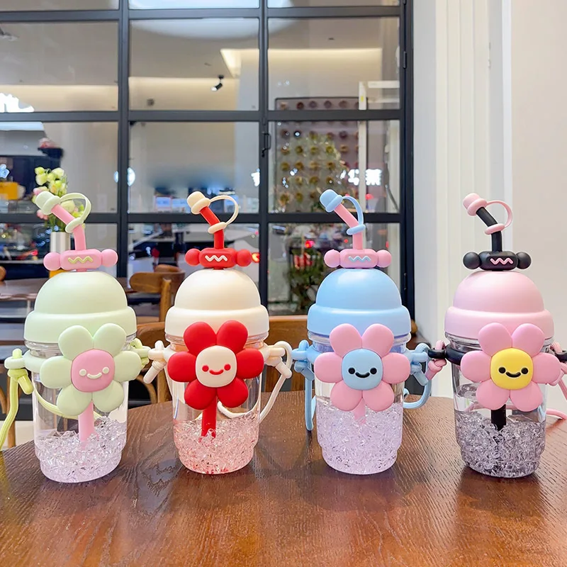 

1/4PCS New Sunflower StrawCup Goddess-Inspired High-EndCustom Design Fashion Floral Cup with Handle Cartoon Kids Water Cup 800ML