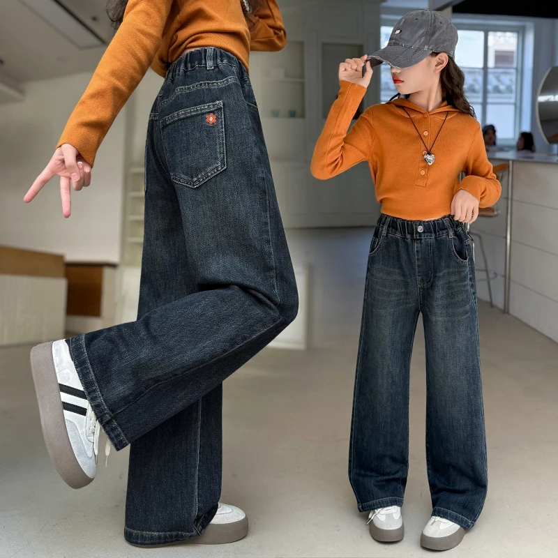 

Kids High Waisted Washed Jeans Classic Trendy Street Straight Denim Pants For Girls Simple Style Jeans Trousers For Teens Child
