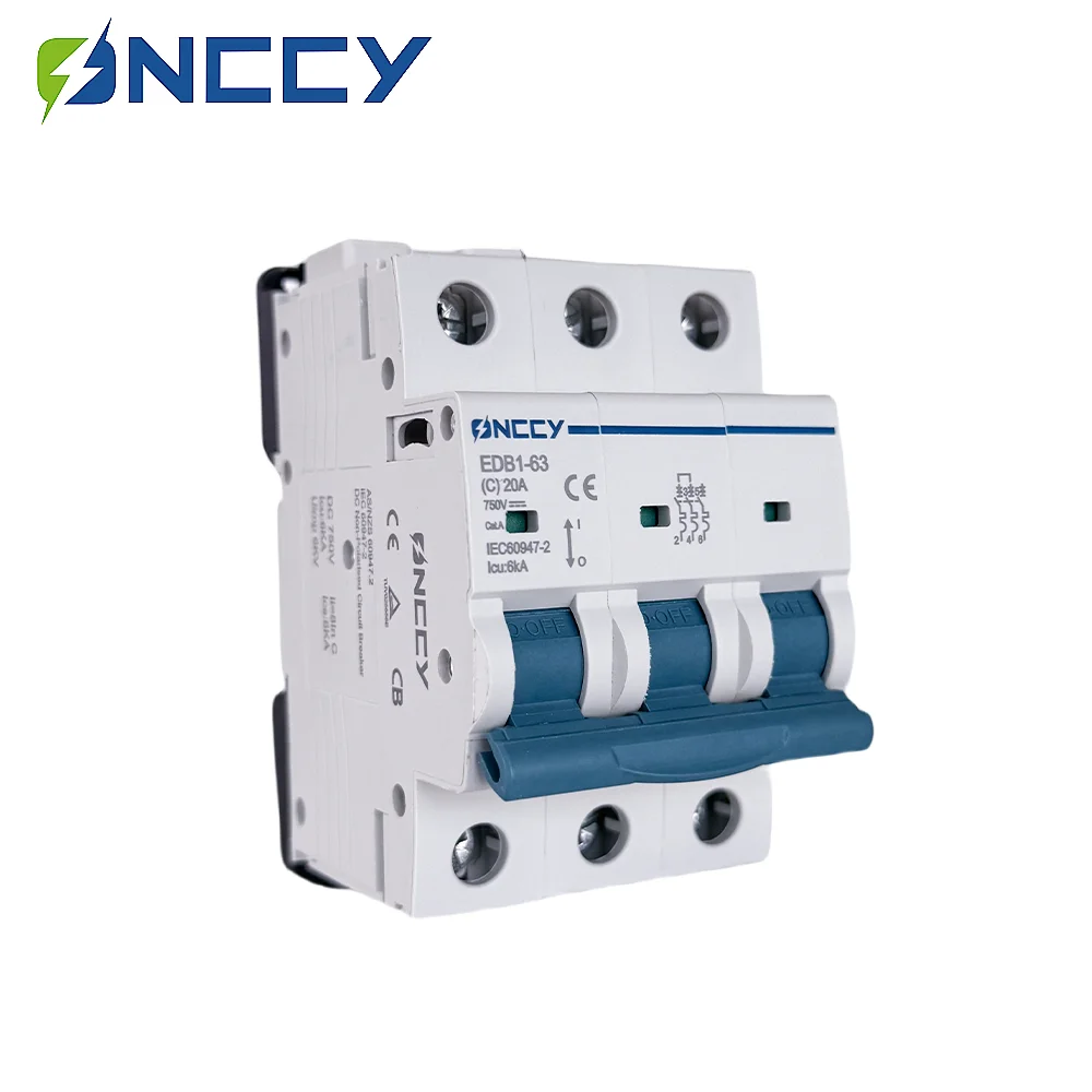 

ONCCY DC MCB 6KA 3P Mini Circuit Breaker 750V DC 10A 16A 20A 25A 32A 40A 50A 63A B Curve C Curve Din Rail