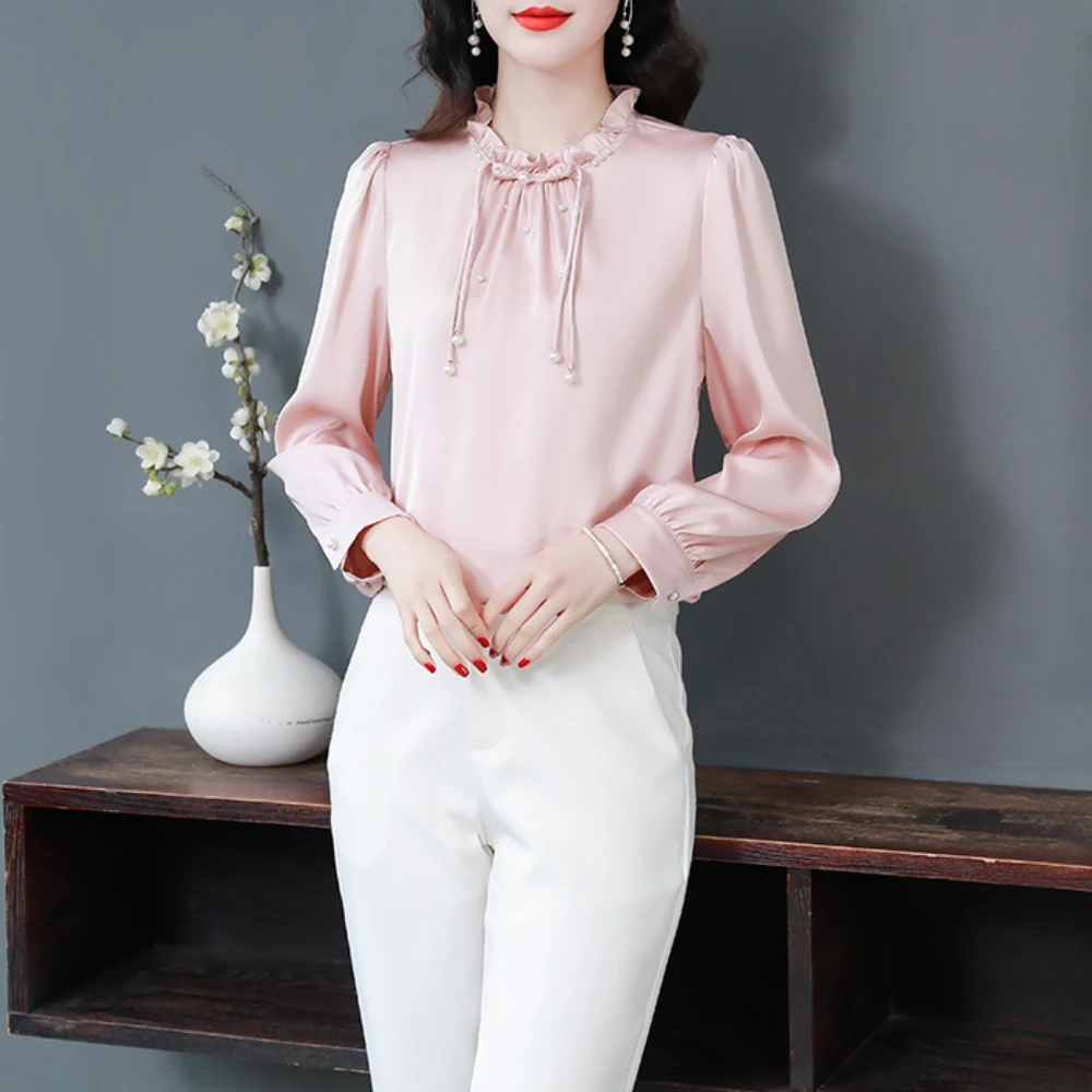 Ladies Sweet Purple Pink Blouse Office Work Shirts Women Casual Tops Long Sleeve Pullover Shirts Fashion Women Blouses 2024