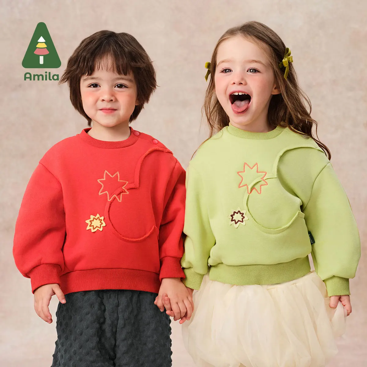 Amila Baby Sweatshirt 2024 New Winter Style For Boys And Girls Festive Chinese Style Plus Velvet Skin-Friendly Parent-Child Wear