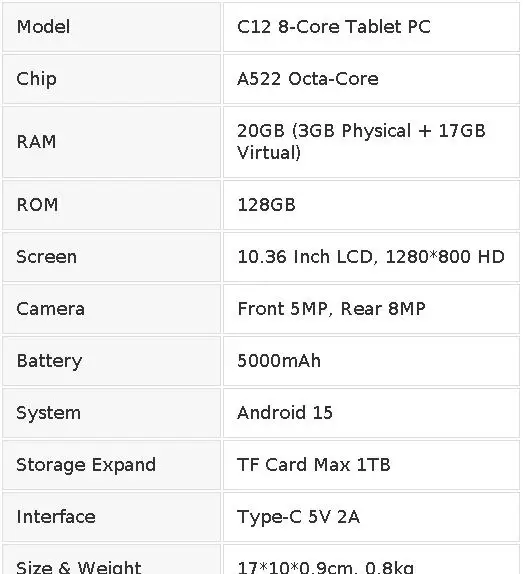 C12 8-Core Tablet PC 10.36 Inch Android 15 Laptop Style Tablet 20GB(3+17GB) RAM 128GB ROM 1280*800 HD LCD 5000mAh Type-C 1TB Expandable Basic Accessory Set For Study Entertainment