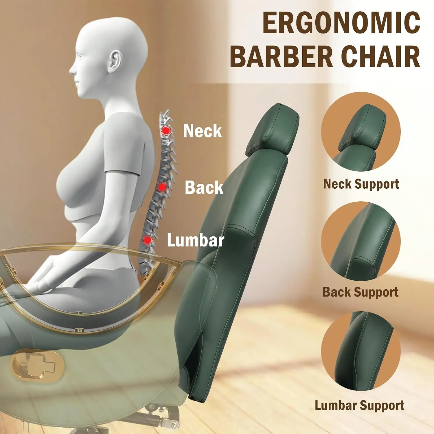 Salon Chair for Hair Stylist, Barber Salon Chair Reclining Hairdresser Chair with Hydraulic Pump, 360 Swivel Styling Braiding Chair for Home Barbershop, Tattoo, Shampoo, Spa, Green Gold - view 6