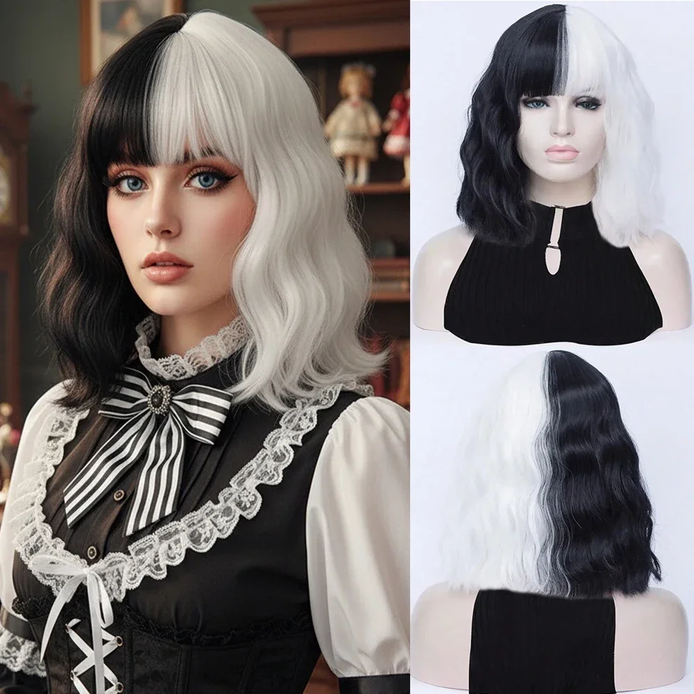 

Short Curly Wig Black Mixed White Two Tone Synthetic Wig With Bangs Bob Style for Women Cosplay Lolita Party Daily Fake Hair