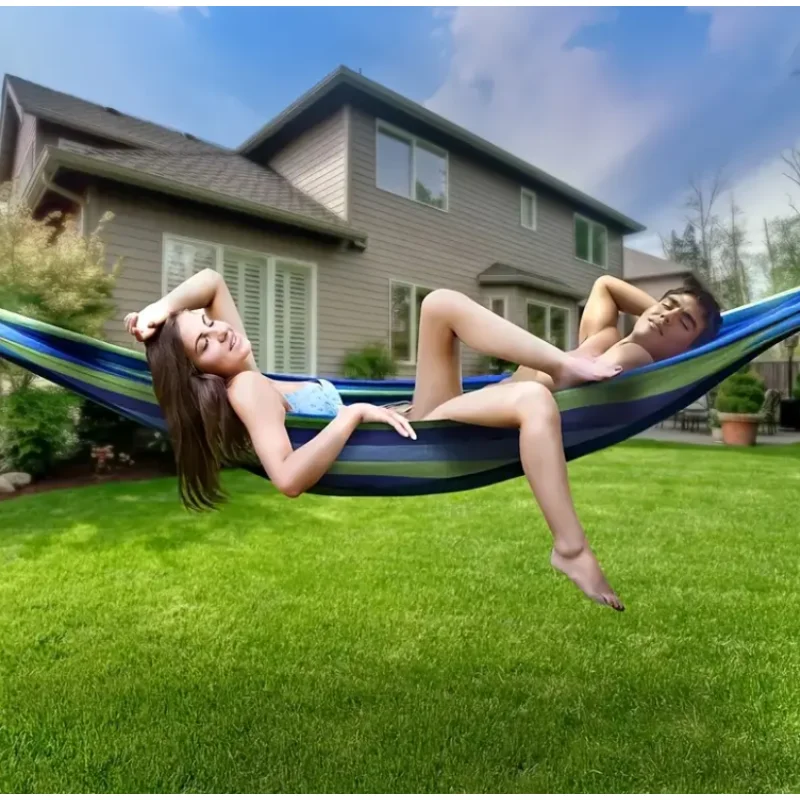 

Portable Outdoor Hammock for Garden, Balcony & Backyard - Breathable Anti-Rollover Design, Stable Knots, Blue & Green Striped Fa