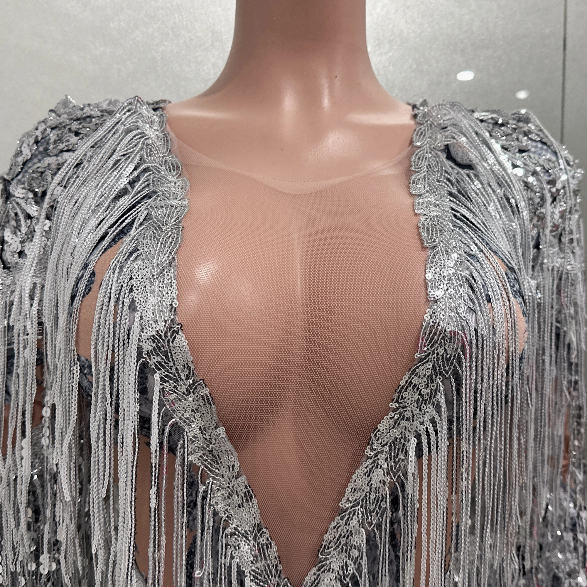 STOCK Flashing Sequins Tassels Sexy See-Through Sheath Bodysuit Evening Party Nightclub Dancer Perfprmance Costume Stage Wear