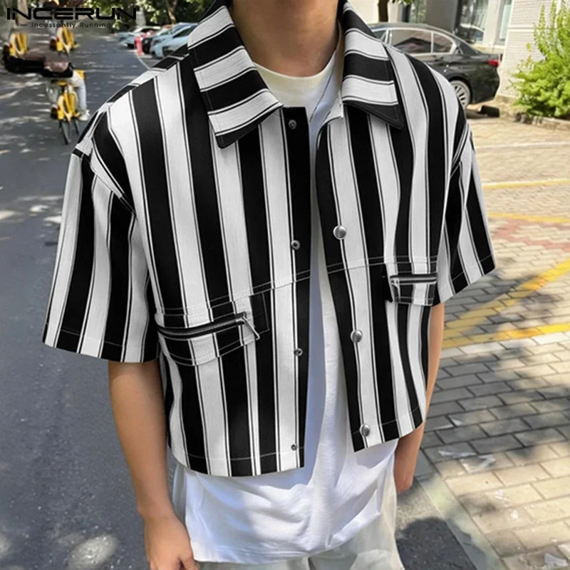 INCERUN Men's Shirt Striped Lapel Short Sleeve Button Casual Menswear Clothing Streetwear Loose 2026 Fashion Crop Tops For Man