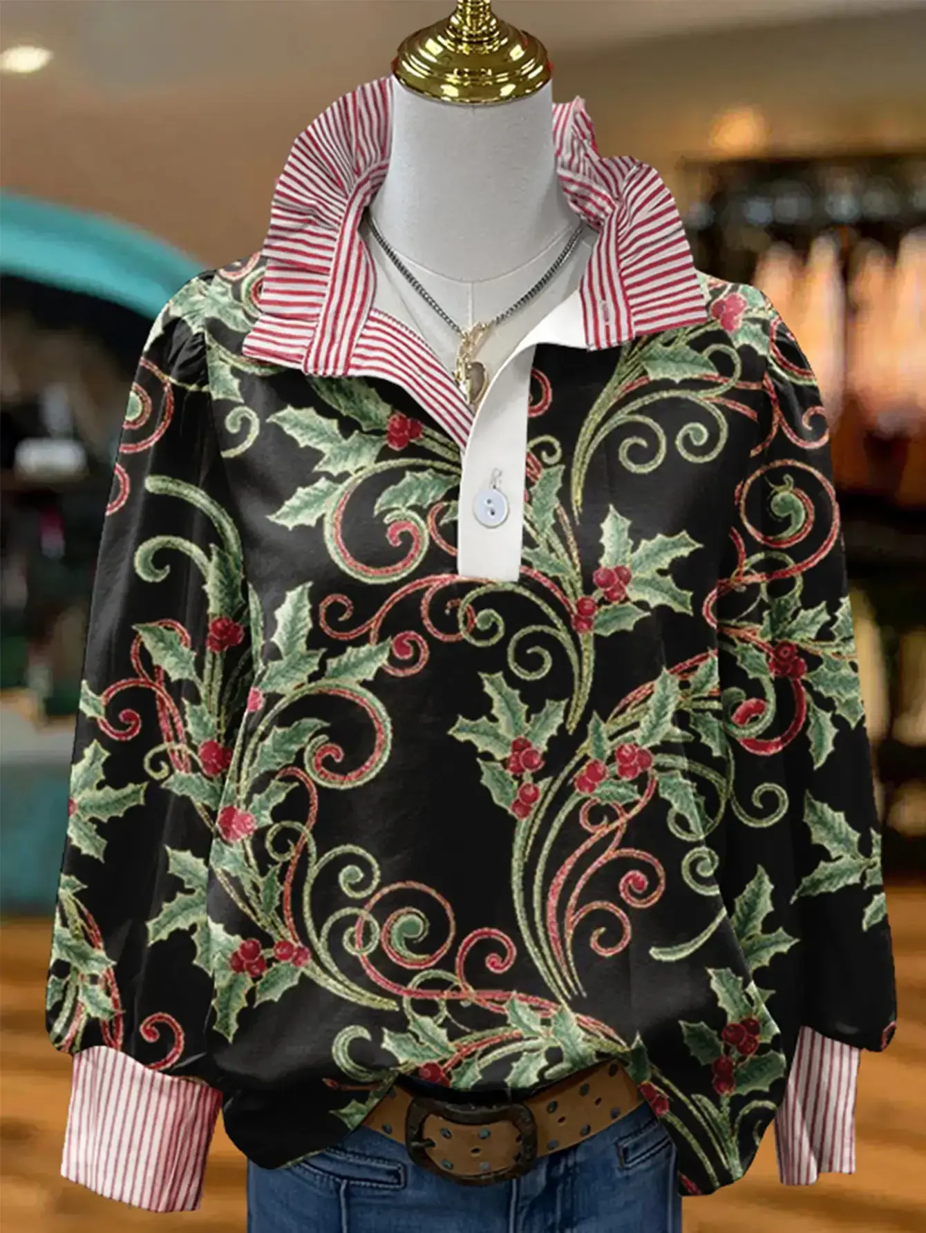 Ladies' striped casual fashion shirt with multi-color striped collar , Elegant women's shirt, high-end feel