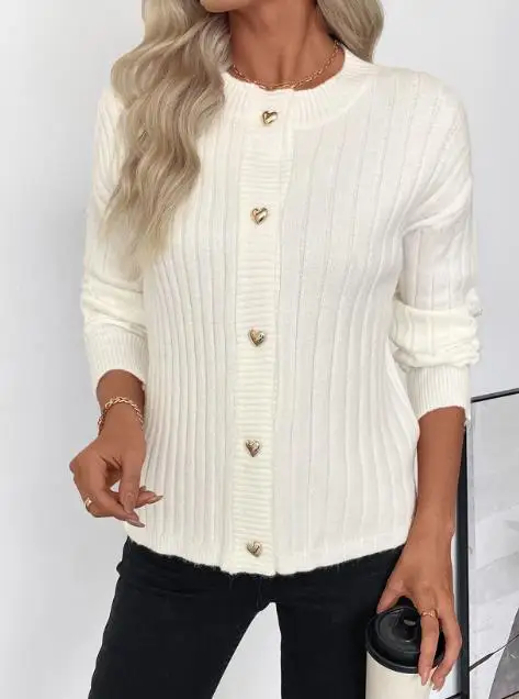 خريف جديد بلون جولة الرقبة حفرة قطاع محبوك الحب زر الجبهة سترة معطف للنساء معطف محبوك أنيق وبسيط #4