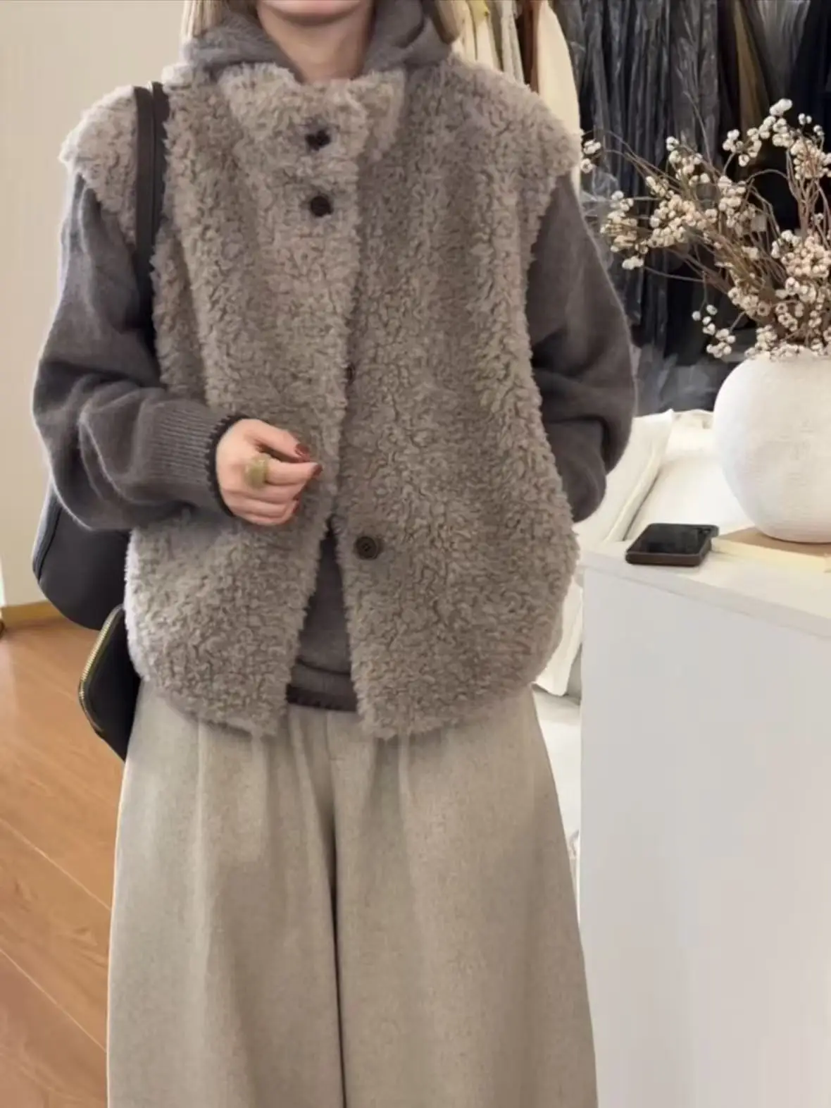 

Американский ретро-жилет из овечьей шерсти с воротником-стойкой для женщин, осенне-зимний утепленный многослойный топ, верхняя одежда