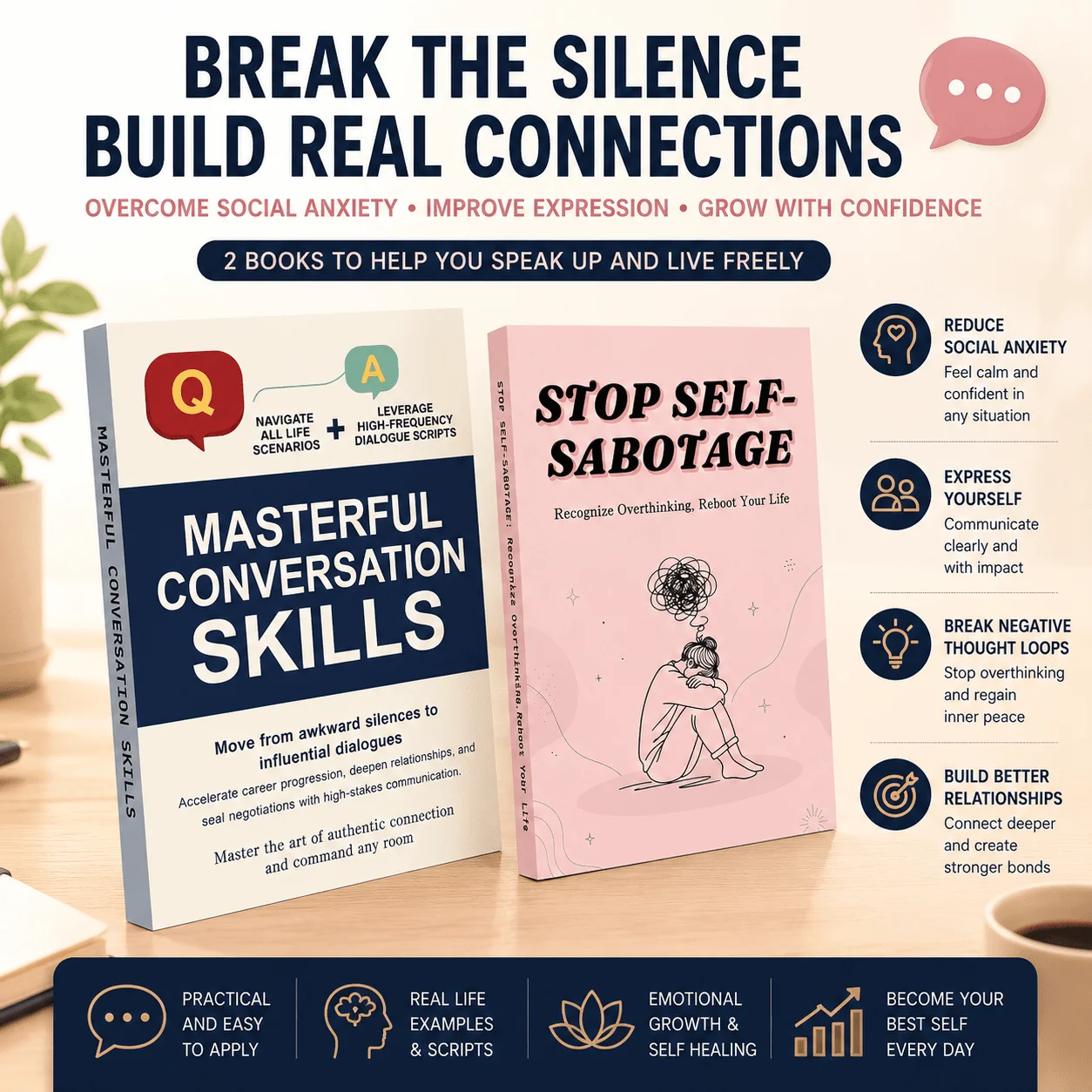 2-Book Social Anxiety & Communication Growth Book Set, Includes Stop Self-Sabotage and Masterful Conversation Skills