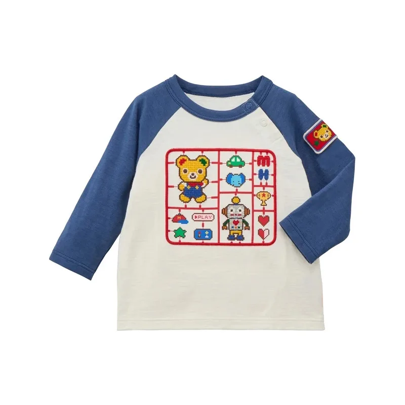Korean Cartoon Kids Autumn Top Mosaic Bear Robot Long Sleeve T-Shirt for Baby Boys Girls Cute  Casual Undershirt 80-130